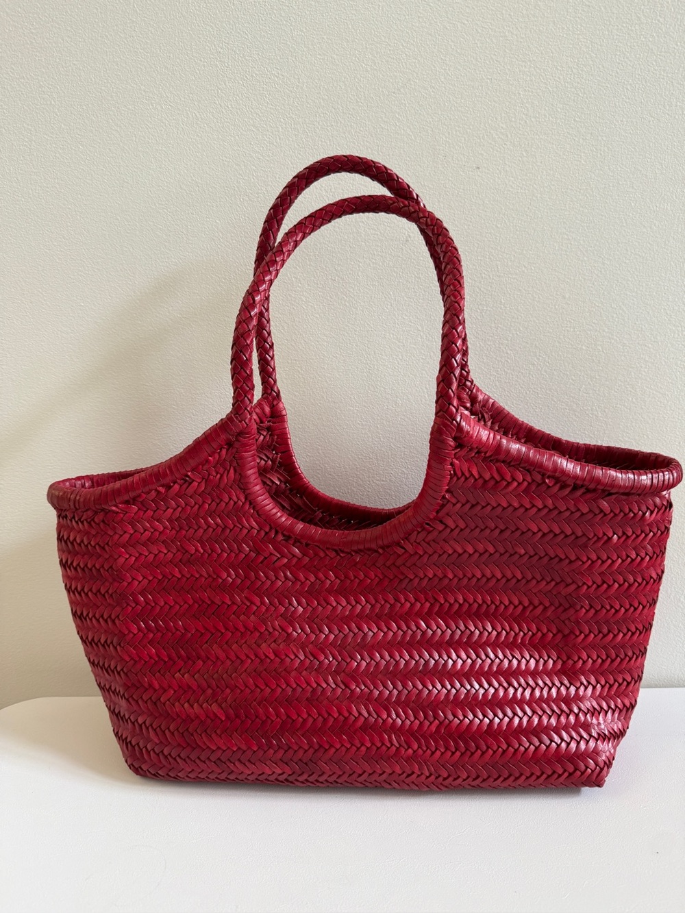 New ALTICA Genuine Leather Woven Monalisa Tote Handbag Bag Red, Big Size